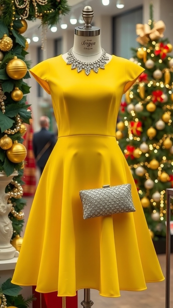 A bright yellow dress with holiday accessories, set against a festive Christmas backdrop.